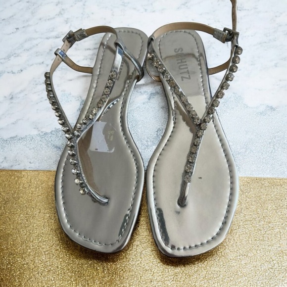 SCHUTZ Silver Rhinestone Thong Sandals Size 38 / US 8 - Picture 1 of 8